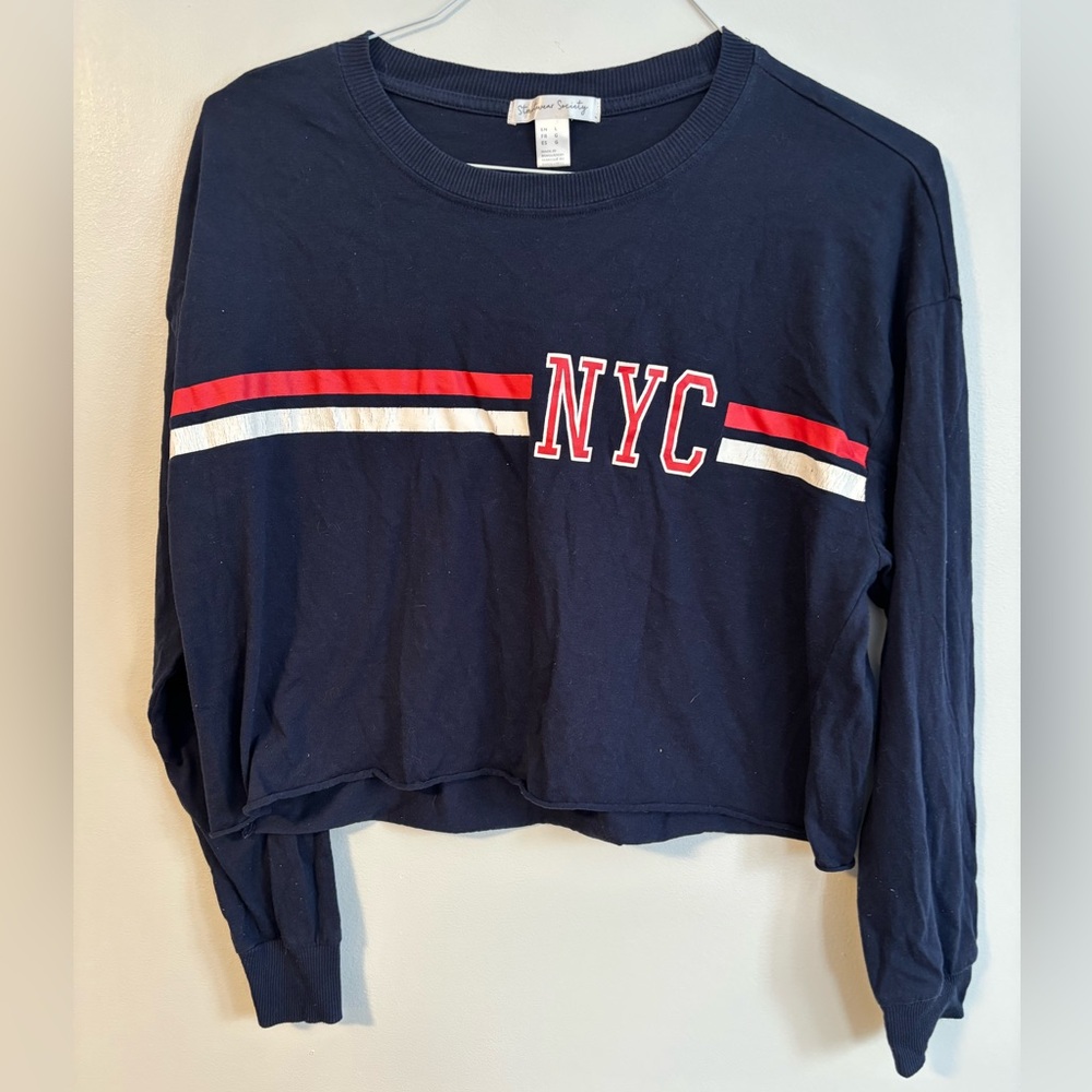 NYC Long Sleeve Crewneck Navy Blue Stripe Crop Sweater Streetwear Society Large